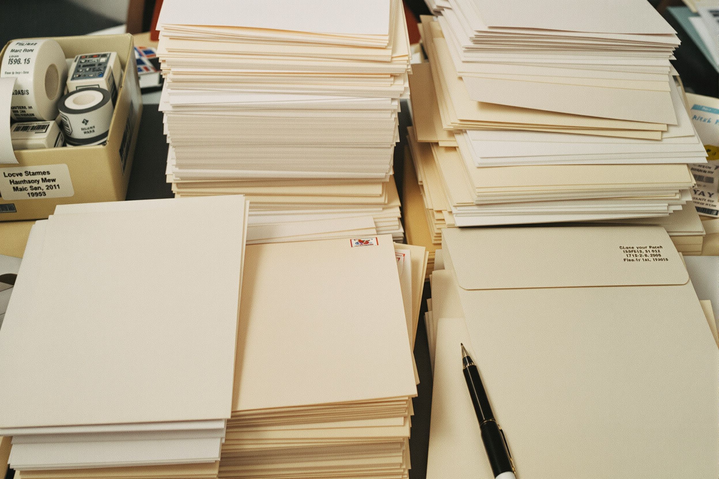 Stacks of cream envelopes and folded letters ready for a mailed appeal