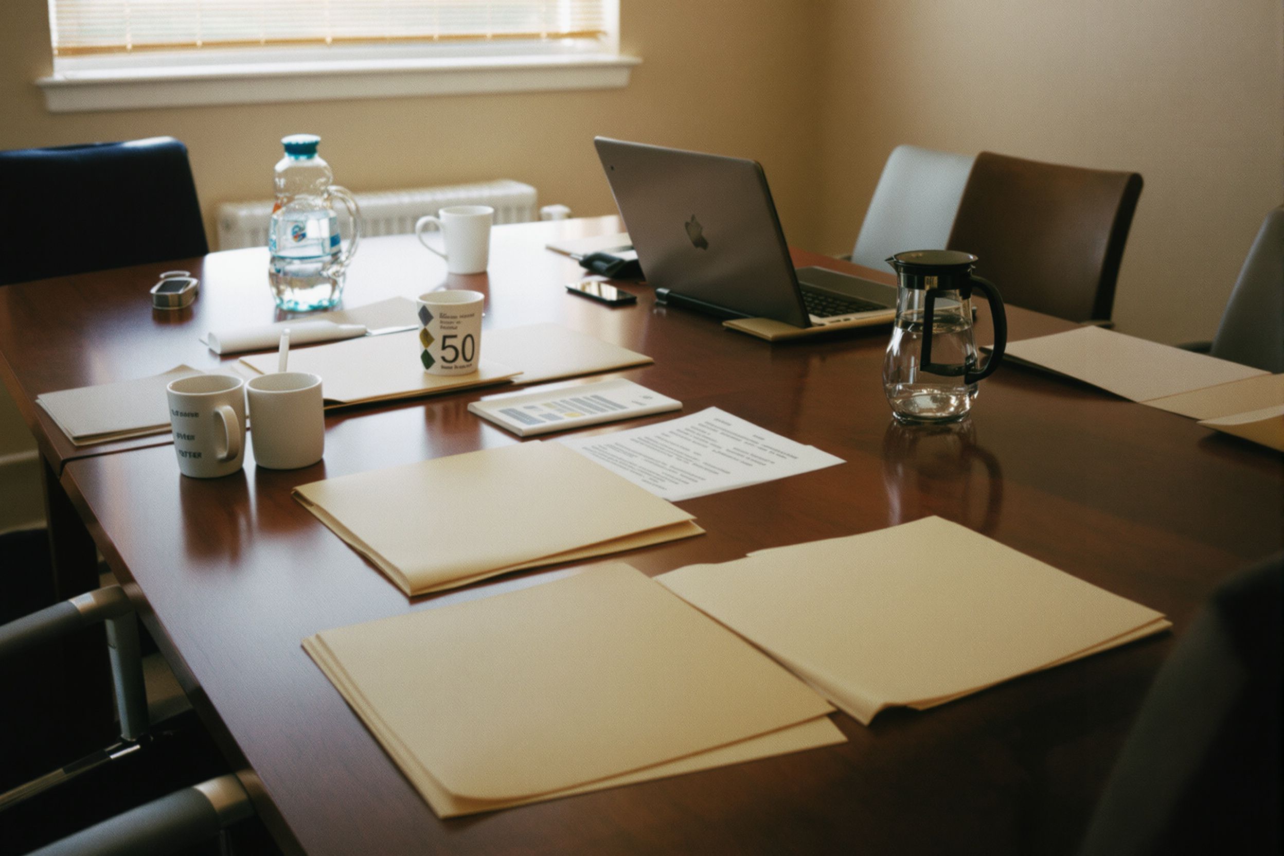 A small nonprofit meeting room with manila folders, a laptop and coffee mugs on the table