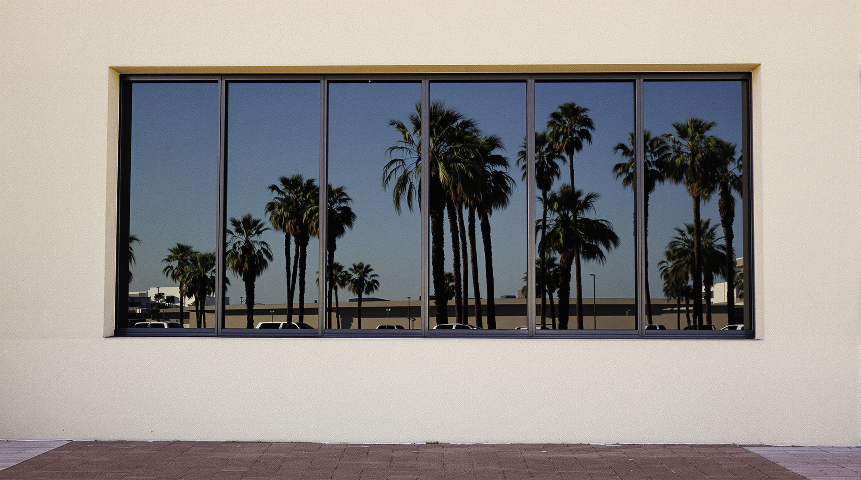 Tinted windows on a stucco building reflecting palm trees and a blue sky