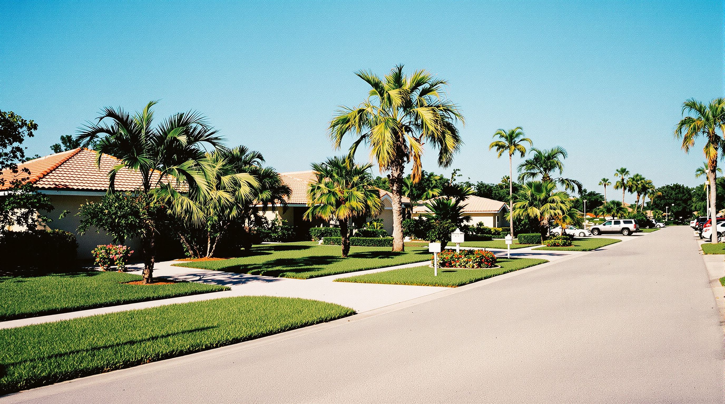 A sunny Florida residential street with tile-roofed houses and palm trees