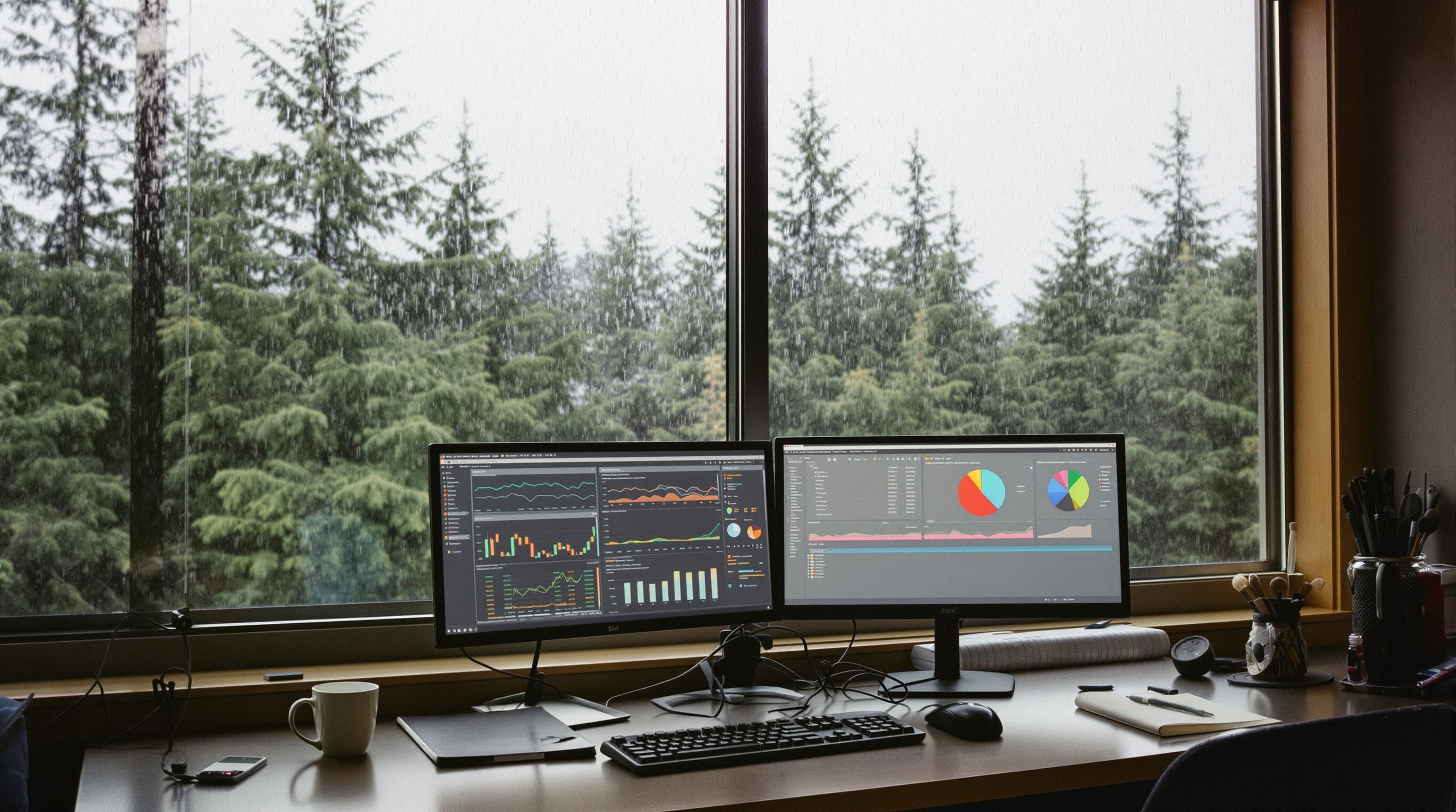 A desk with two monitors by a rainy window overlooking evergreen trees