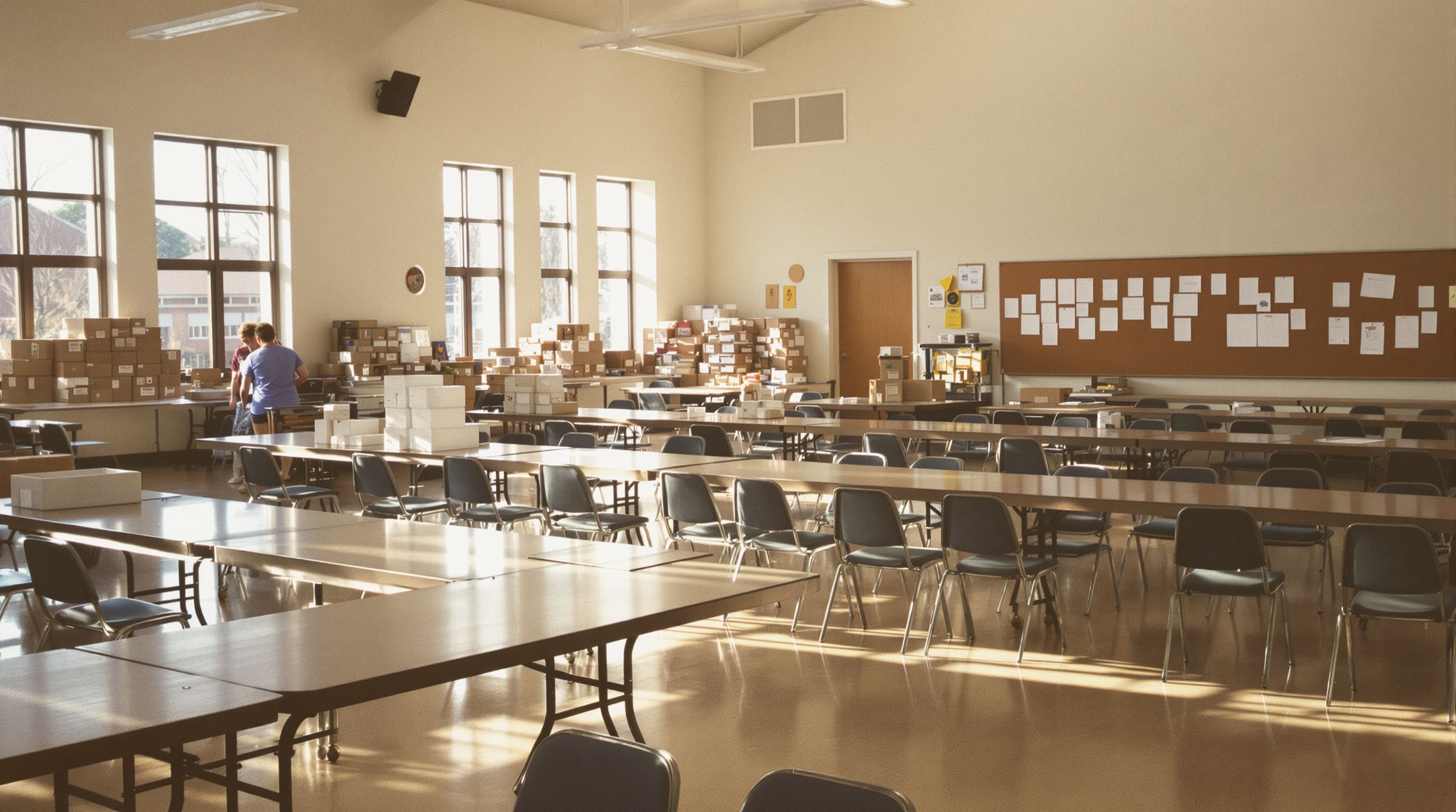 Folding tables with boxes of supplies set out in a sunny community center hall