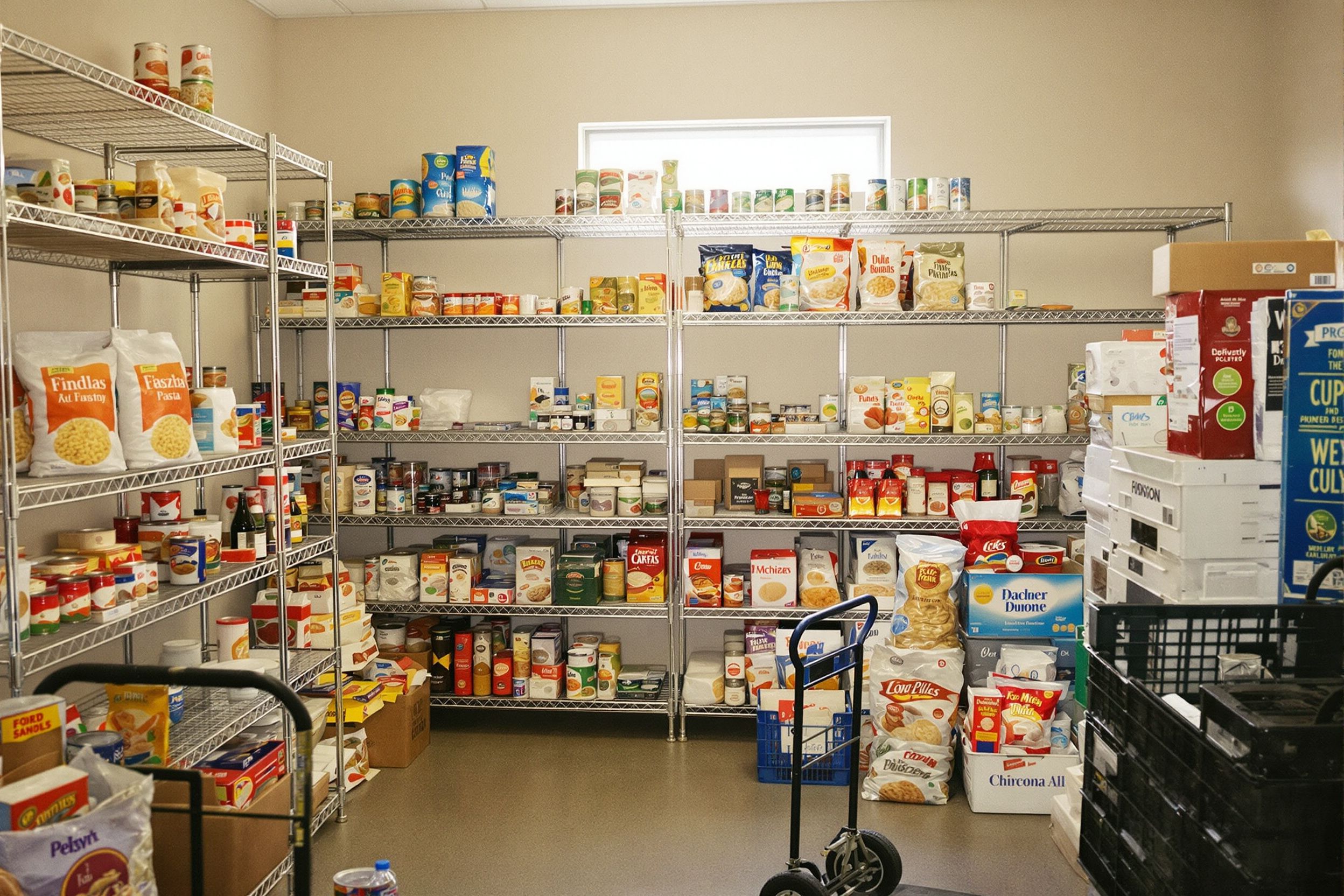 Food pantry shelves stocked with canned goods, pasta and cereal, with a hand truck on the floor
