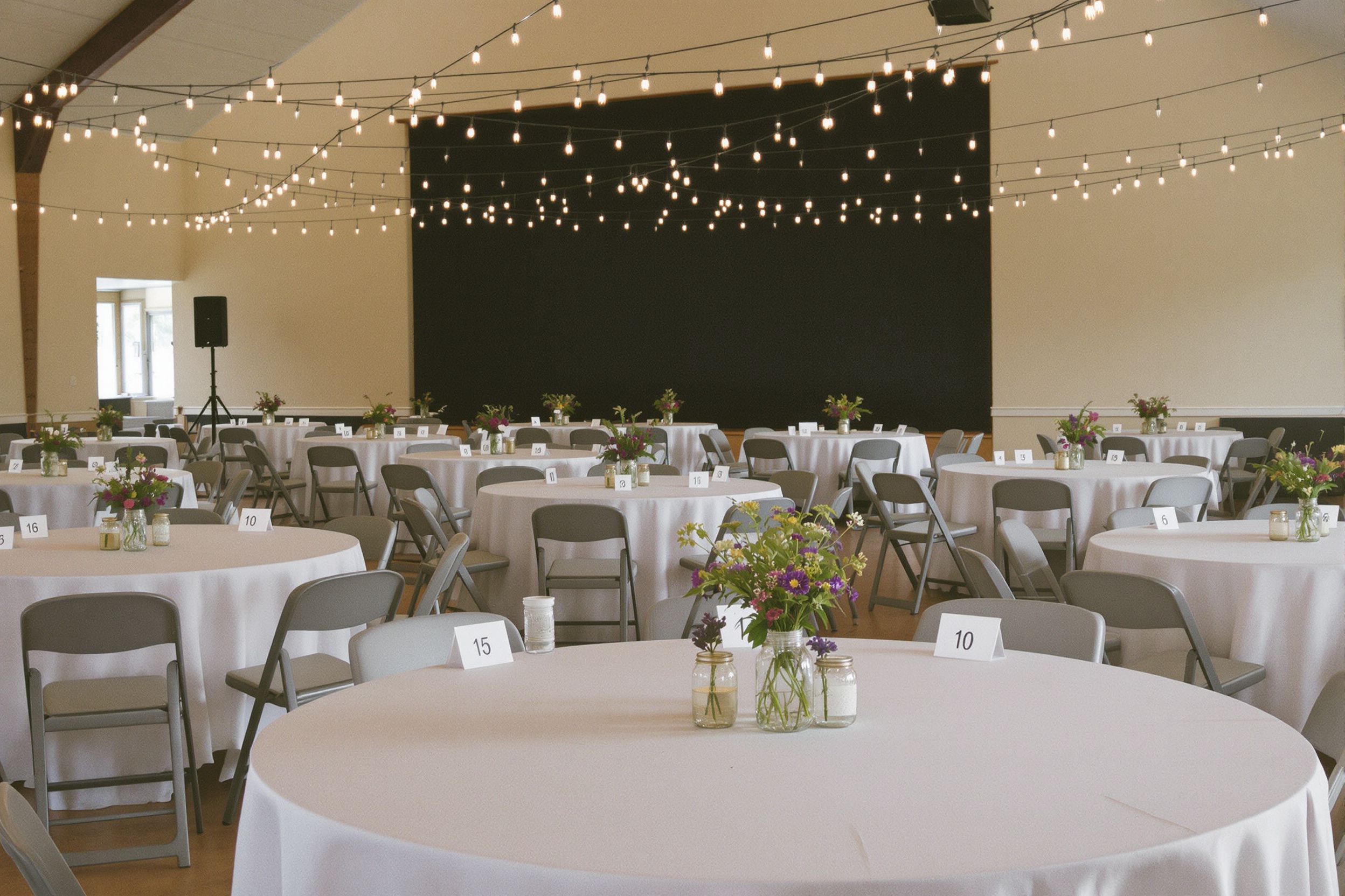 Round tables with white cloths and wildflower centerpieces set for a fundraising dinner