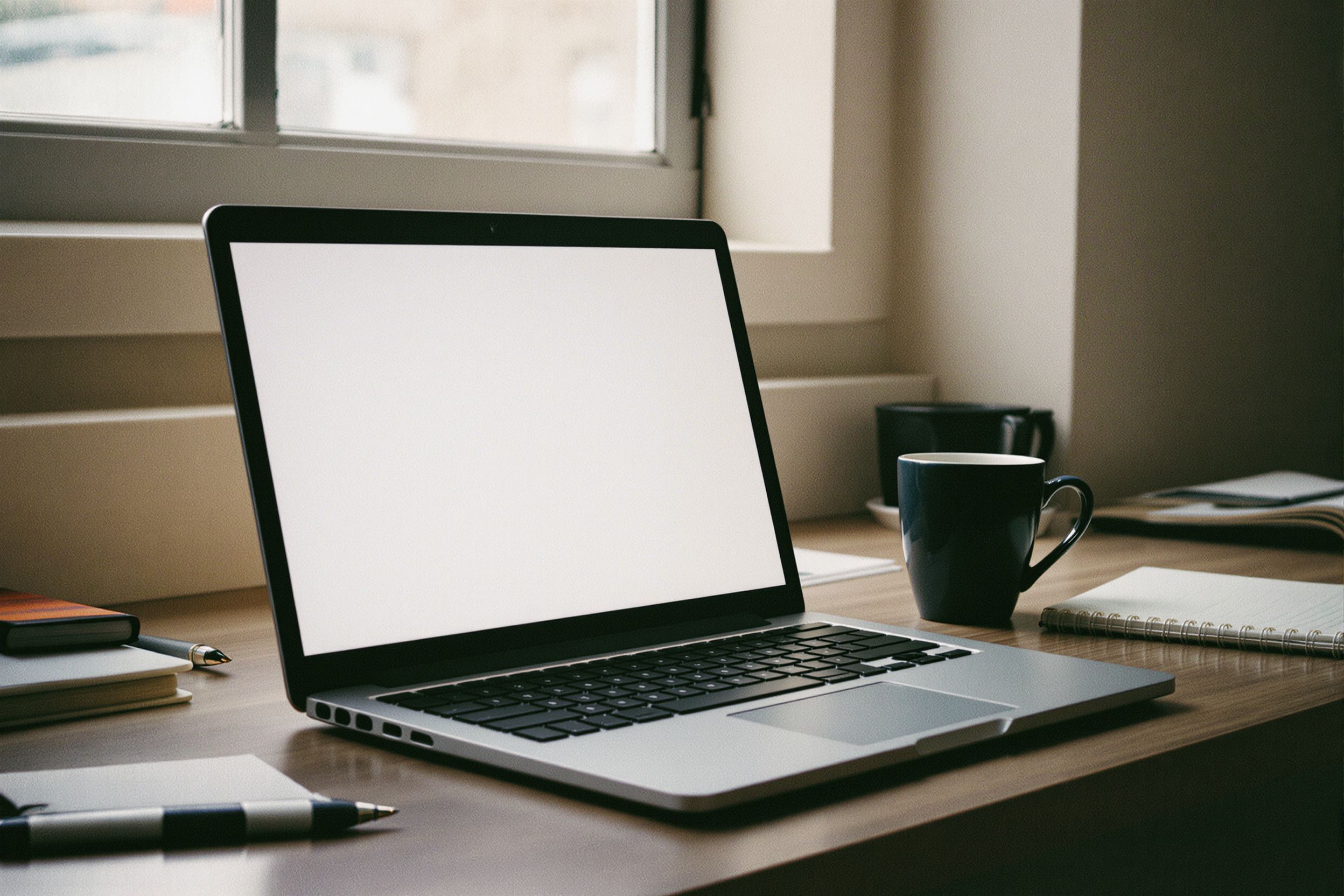 An open laptop on a wooden desk by a window, next to a mug, a notebook and a pen