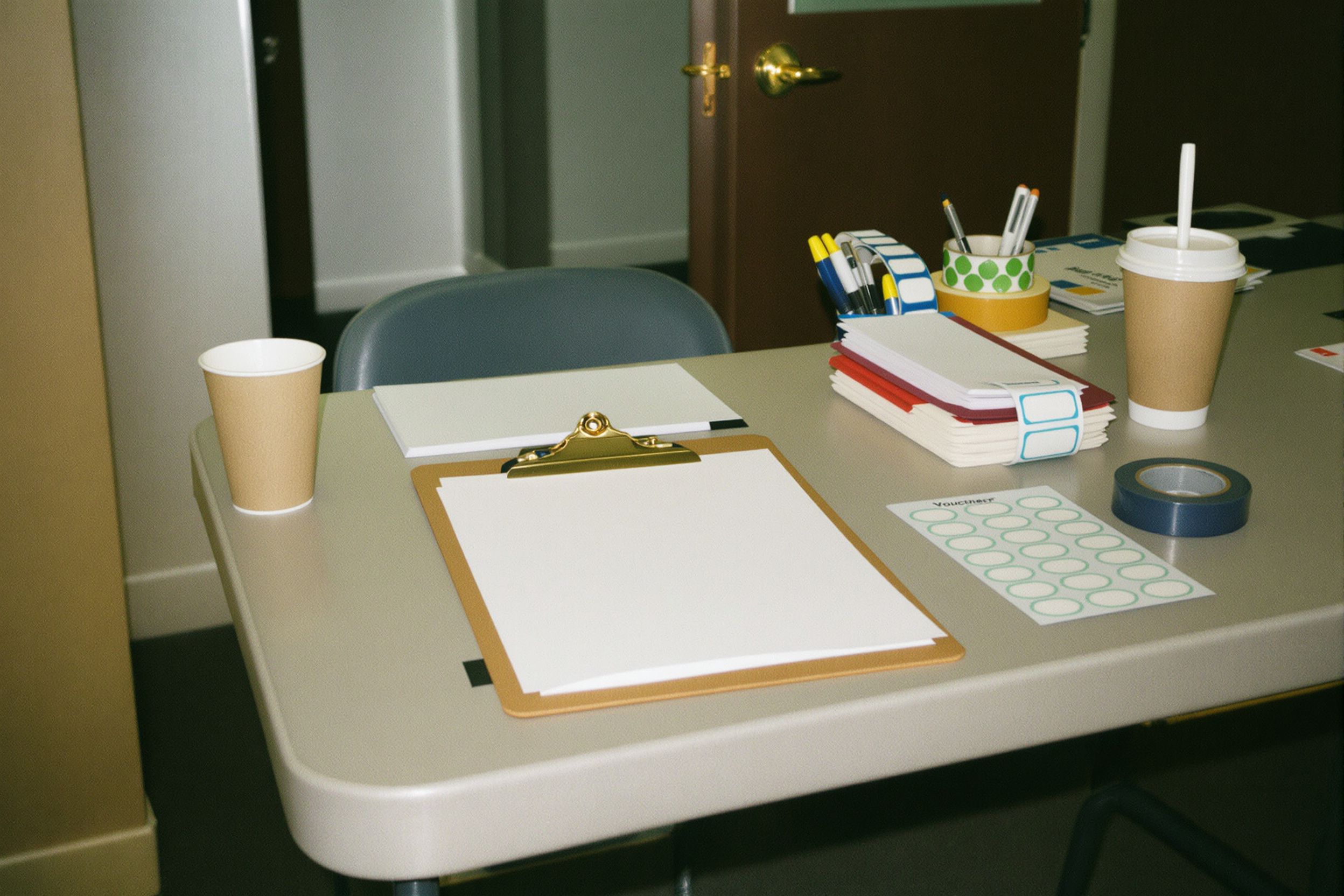 A volunteer sign-in table with a clipboard, pens, name-tag stickers and a coffee cup